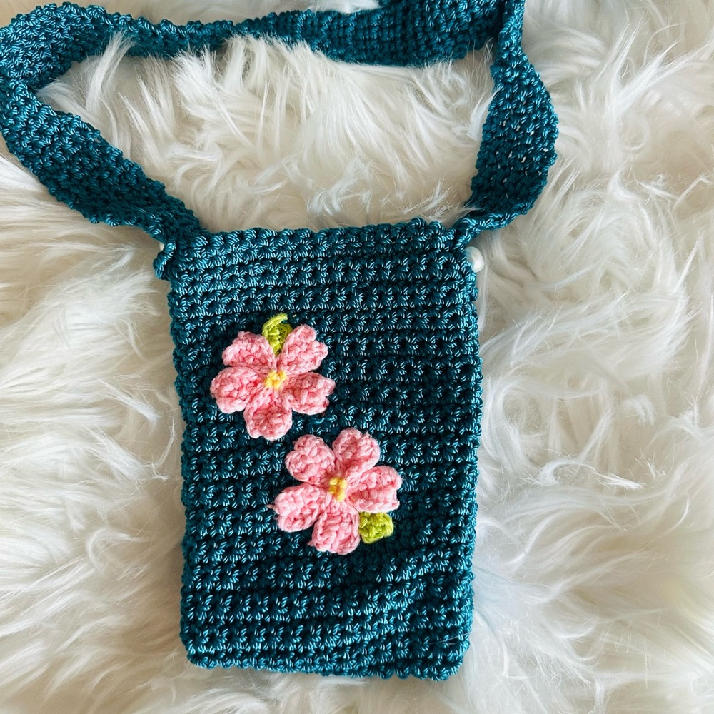 Hand Knits 2 Love Crochet Bag Teal Flowers Beads Designer Phone Cosmetic  Misc